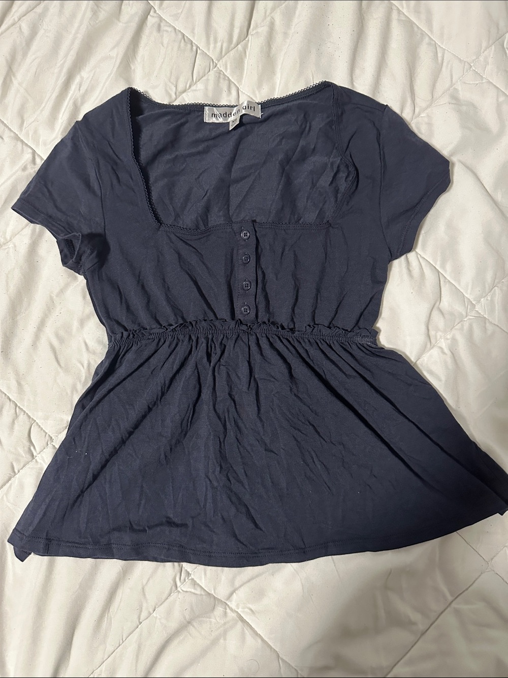 Madden Girl Navy Scoop-Neck Peplum Button Top